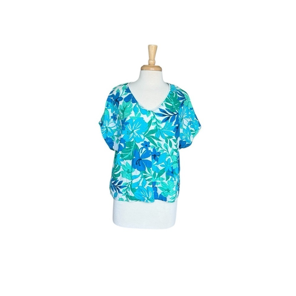 Emily Daniel’s Linen Blue and Green Tropical  Print Top Size XL